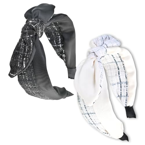 Diadema Mujer Elegante con Lazo Ancho de Tela Poliéster a Cuadros - Juego de 2 Diademas Negra y Blanca, Diseño Ajustable con Giro para Fijar Estilo, Extremos de Lazo Giratorios
