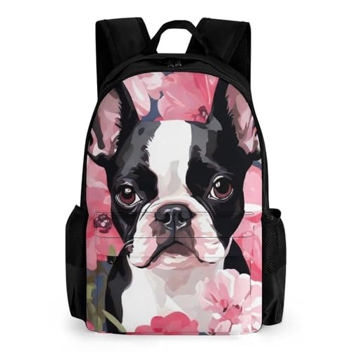Supdreamc Lightweight Rucksacks for Climbing Outdoors Walking Cycling - Large Capacity Anti-Theft Multipurpose Carry On Bag, Bulldog Pink Flower Art Camping Outdoor Backpack