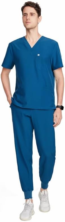 Uniforms World Louis Scrubs Set for Men — Classic V-Neck Stretch Top & Jogger Pants Yoga Waistband, 8 Pockets - Image 4