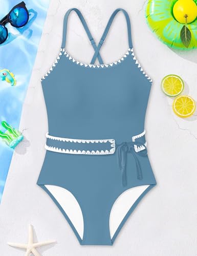 Image of Girls Swimsuit Ruffle Solid One Piece Bathing Suits 7-18 Years | Teen Bathing Suits for Girls Ruched Sleeveless Girls' Swimwear