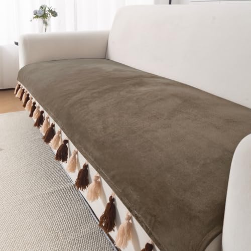 Image of HOKIPO Sofa Cover Mat with Tassel for 1 /2 /3 Seater & L Shape Sofa | DIY Sofa Cover Set | Dyed Holland Velvet | 'TasselTone Series' 70(W) x 150(L) cm |Coffee Brown (IN-1107-CF)