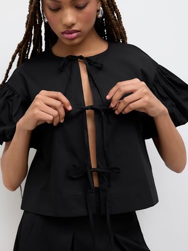 CIDER Shirts for Women Tie Front Top Knotted Crop Peplum Babydoll Puff Sleeve Blouse Cute Crew Neck Top3