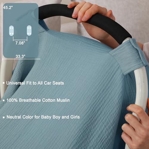Image of 100% Muslin Cotton Car Seat Cover Baby, Carseat Canopy Cover, Universal Fit Stroller Covers for Boys and Girls (Blue)