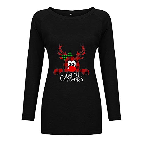 Womens Casual Shirts O-Neck Loose Long Sleeved Tops Cute Pattern Printed T-Shirt Tunic Top Fashion Classic Blouse Pullover Black