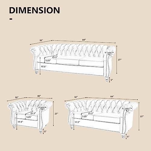 Image of QHITTY 3 Piece Living Room Set, Sectional Chesterfield Sofa Chair Contemporary Upholstered Leather Loveseat Couch Sets for Living Room, Bedroom, Office