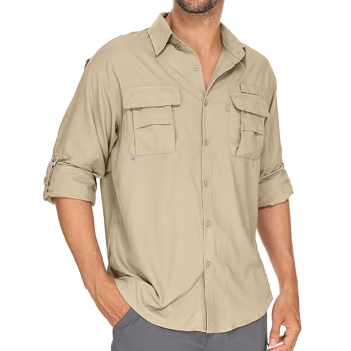 Men’s Long Sleeve Shirts UV UPF 50 Sun Protection Hiking Fishing Safari Shirt Quick Dry Cool Utility Blouse (5052 Khaki XL)