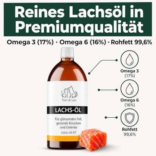 Lachsöl 1000ml für Hunde und Katzen - Von Tom & Leo – Lachsöl mit Omega 3-6-9, Ideal für Barf, Haut & Fell, Premium Fischöl für Hunde