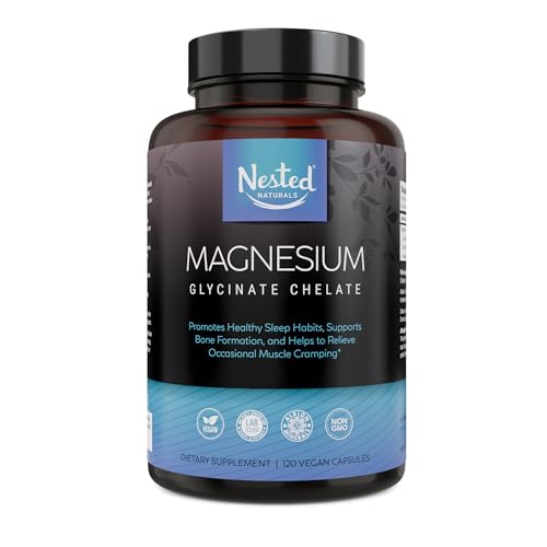 Nested Naturals Magnesium Glycinate Chelate | Magnesium Supplement for Muscle Cramps, Relaxation, & Sleep Support | 100% Chelated Albion TRACCS Buffered Magnesium Glycinate 200mg | 120 Vegan Capsules