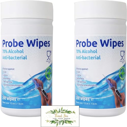 Antibacterial Wipes Bundle - Tubs of 200 Alcohol Wipes (x2) for Cleaning Surfaces and Kitchen Food Probes – Disinfectant Sterile Probe Wipes Food Safe with Oerich Card