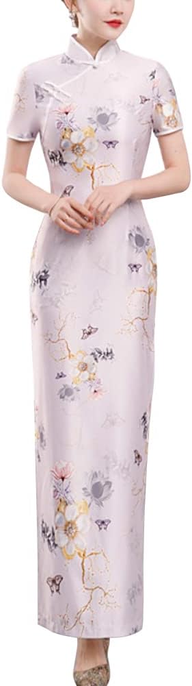 Deluxe Maxi Cheongsam Cap Sleeve Manarin Collar Slim Fit Side Slit Chinese Qipao Dress Evening Party Formal Wear