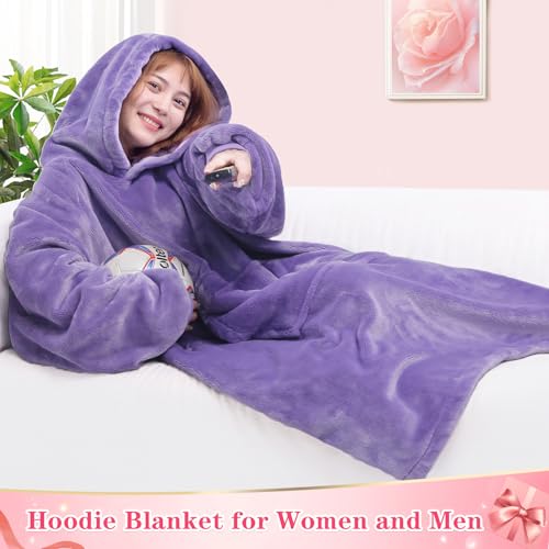 Image of Waitu Wearable Blanket Sweatshirt Gifts for Women and Men, Super Warm and Cozy Blanket Hoodie, Thick Flannel Blanket with Sleeves and Giant Pocket - Purple