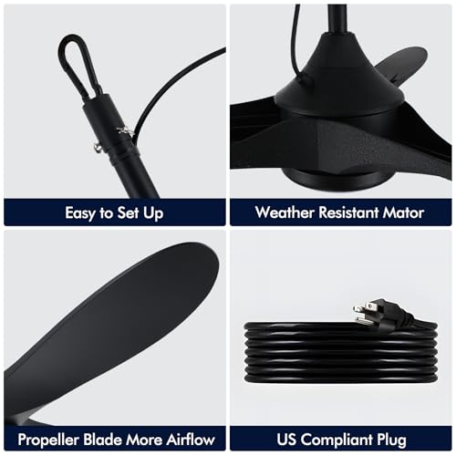 ZIMOFLL 52 inch Outdoor Ceiling Fan with Light Waterproof - Plug in Hanging Hook for Patio, Porch, Gazebo - Wet Rated Weatherproof Exterior Black 3 Blades Ceiling Fan with Remote - Image 5