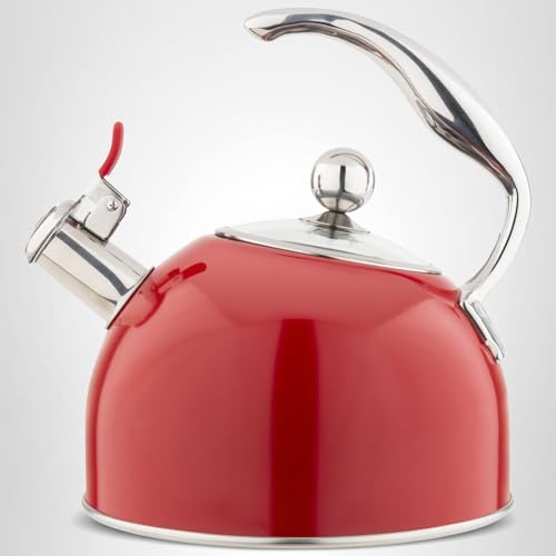 Viking 3-Ply Stainless Steel Tea Kettle, 2.6 Quart Stovetop Hot Water Pot with Tempered Glass Lid, Ergonomic Handle, Induction Ready, Red