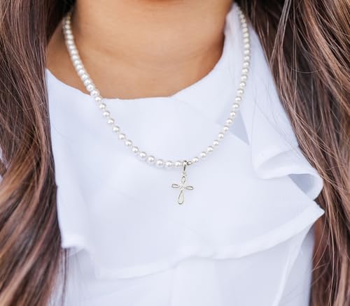 Image of Children's 14K Gold Plated or 925 Sterling Silver Cross Bracelet with Simulated Pearls for Girls First Communion, Baptism, Christening or Dedication Gift