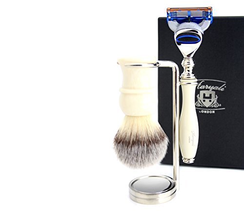 Haryali London 5 Edge Shaving Razor with Synthetic Hair Brush and Stainless Steel Stand Perfect Set for Men