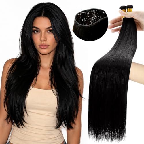 Image of Moresoo Genius Weft Hair Extensions Human Hair, Natural Black, 16 Inch 50g | Made with Remy human hair, smooth feel and natural blend for office styles, daily wear and salon looks