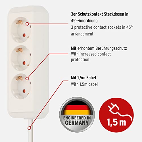 Brennenstuhl Eco-Line Steckdosenleiste 3-Fach (Mehrfachsteckdose mit erhöhtem Berührungsschutz und 1,5m Kabel) weiß