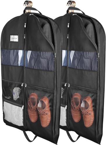 Garment Bags for Travel 2 Pack 43 Hanging Garment Bags for Men Double Sides Zipper 3 Large Mesh Pockets Garment bag for Traveling Monogrammed Closet Clothes Storage for Gowns Tuxedos Coats