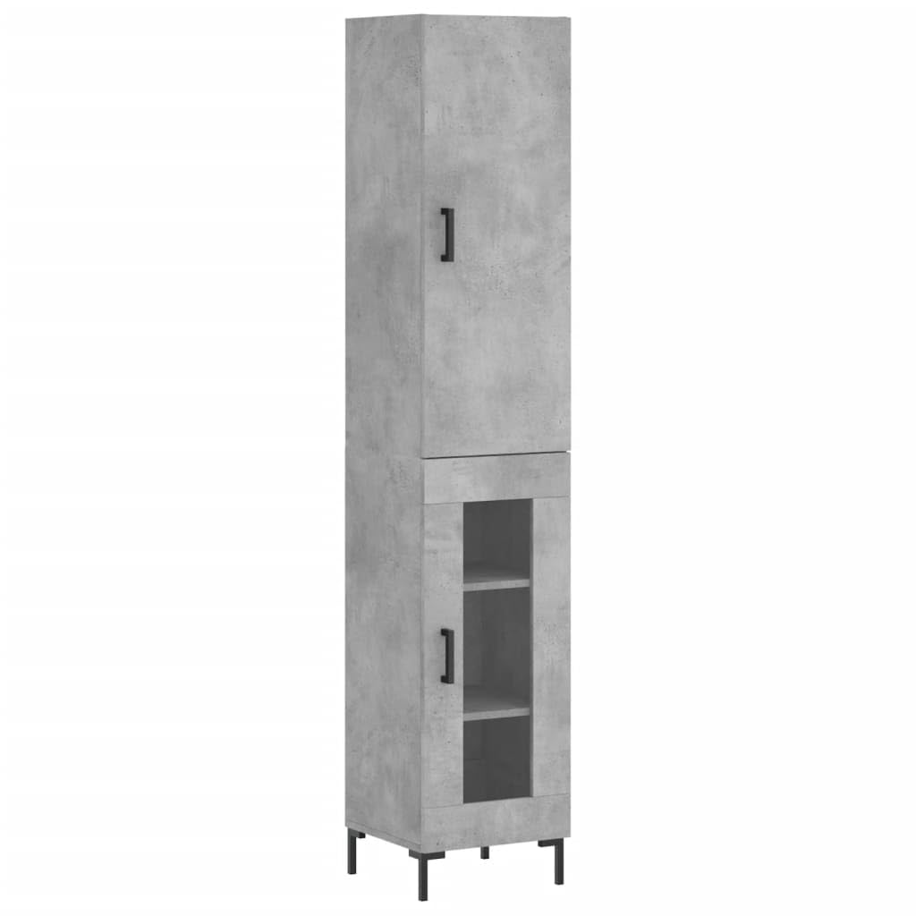 Kredens ze sklejki betonowej szarej wysokiej kredensu z metalowymi drzwiami i nogami do organizacji domu 34,5x34x180 cm