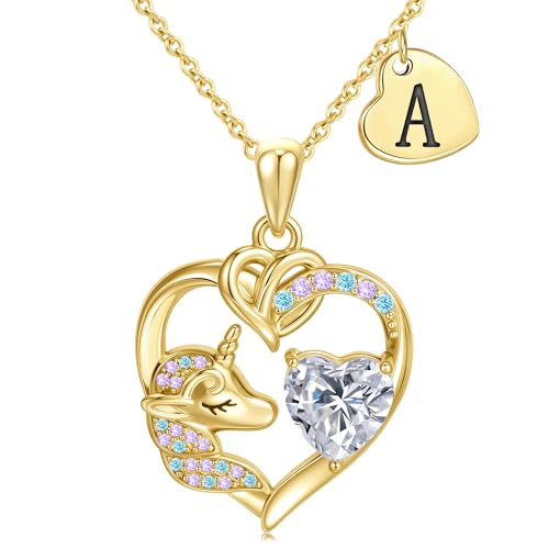 C-leen Unicorn Gifts for Girls Kids - Colorful CZ Heart Initial Necklaces Unicorn Necklace for Girls Jewelry Christmas Birthday Gifts for Little Girl