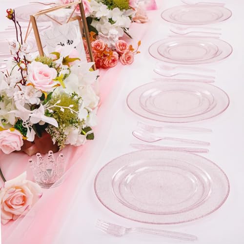 Image of WDF 200PCS Pink Plastic Plates - Rose Gold Glitter Plastic Plates - Heavy Duty Pink Glitter Disposable Plates for Wedding /Baby Shower /Birthday