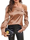 ZAFUL Women's Satin-Silk-Tops 2024 Off The Shoulder Dressy Blouse for Party Casual Long-Sleeve Elegant Shirt Brown