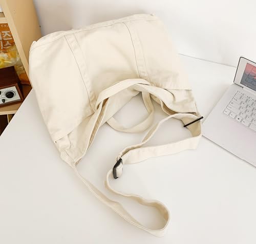 Image of Cotton Tote Handbag Women Canvas Crossbody Beach Bag Hobo Shoulder Tote Bag with 3 External Pocket,Zipper Closure