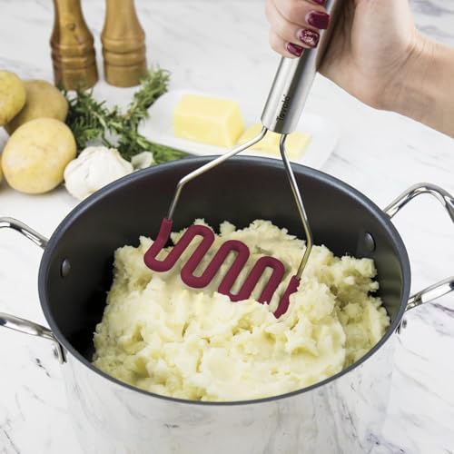 Image of Tovolo Silicone Cooking Utensil Set of 6 Stainless Steel Handle Ladle Slotted Turner Tongs Flex Core Spatula Scraper Mixing Spoon & Potato Masher, Dishwasher Safe BPA Free Utensils, Cayenne Red