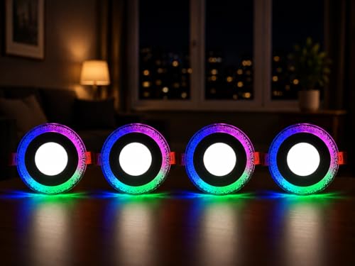 Image of OLIPS 6W (3+3) LED Ceiling Panel Down Light | Dual Color Change by On /Off Switch | Fan Box POP Decorative LED | White Center & Color Ring Design (Multicolor, 4)
