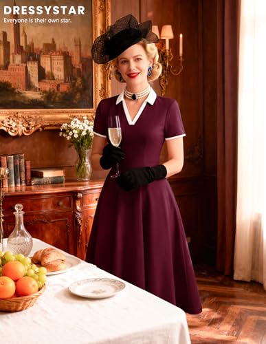 Image of Dressystar Women's 1950s Vintage Swing Dress Short Sleeve V Neck A Line Retro Rockabilly Cocktail Party Dresses With Pockets