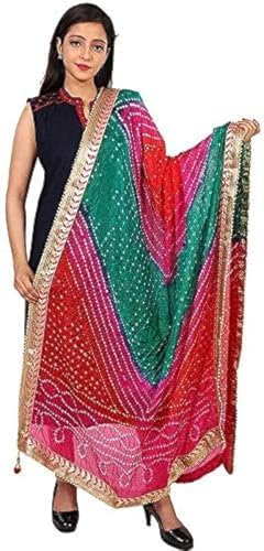 PK HUB Women's Silk Jaipuri Rajasthani Bandhani Bandhej Heavy Dupatta with Gota Work and Latkan