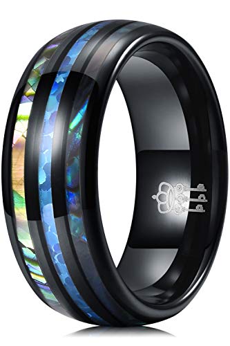 THREE KEYS JEWELRY Mens Charming Jewelry Tungsten Blue Opal Inlaid Abalone Shell Inlay Dome Wedding Carbide 8mm Ring Band for Men Engagement Black Size 14.5