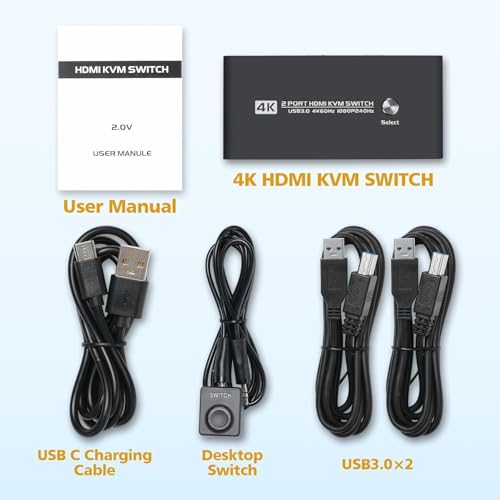 Image of Tobo KVM Switches HDMI 1 Monitor 2 Computers for Mac and PC, 4K 60Hz 2 Port HDMI KVM with 4 USB 3.0 Ports, Button Switch and Desktop Switches (TD-1343H)