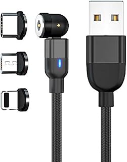 JJA Magnetic Charging Cable, 3 in 1 Micro USB, Type C, i/connector, Android Smart Phones, Rotating, Fast Charger, Made with Visibility LED & Strong Nylon Braided (Black)
