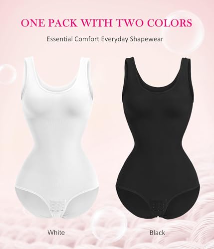 Nebility Womens' Waist Trainer Seamless Round Neck Tummy Control Shapewear Bodysuit (Black/White 2pk,XL/2XL)