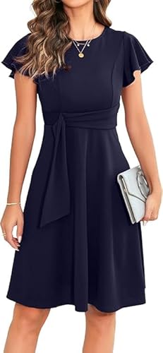 Womens Elegant Ruffle Sleeve Flared A Line Swing Casual Party Cocktail Dresses (AU, Alpha, Medium, Regular, Regular, Navy Blue)
