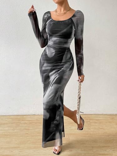 Image of LIGHT DOT Women's Printed Off Shoulder Maxi Dress Long Sleeve Bodycon Ruched Mesh Cocktail Dress
