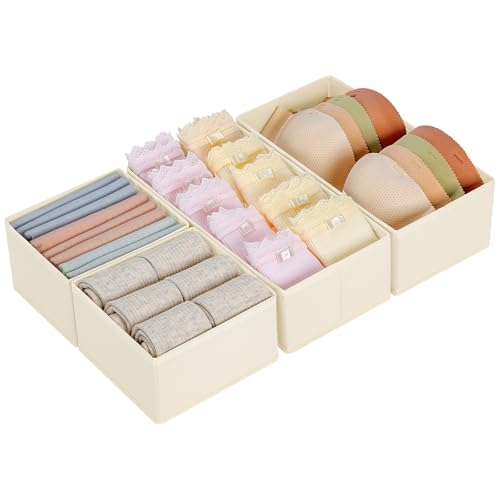 DIMJ Organizador Cajones Juego de 4 Cajas Almacenaje Plegables de Tela Para Guardar Ropa, Organizadores de Cajones No Tejidos, Calcetines, Ropa Interior, Beige
