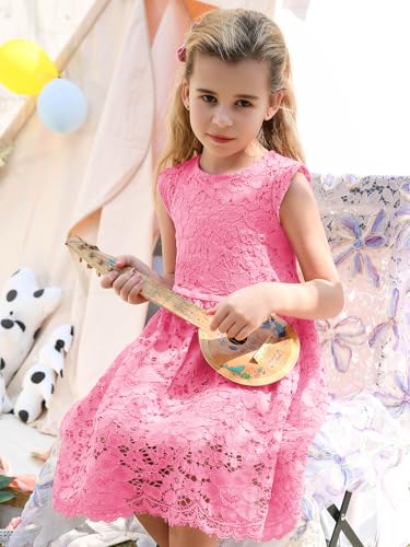 ALLOVIN Girls & Toddlers Sleeveless A-Line Lace Party Dress Birthday Wedding & Flower Girl Dress with Beaded Bowknot | Rose Pink | 8-9Y — view 2