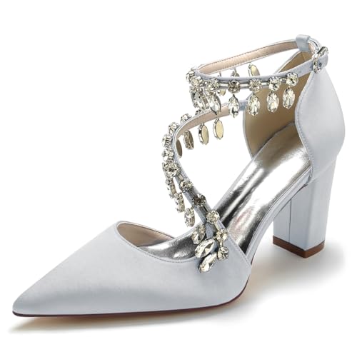 Women's Heels Fashion Rhinestone Strappy Closed Pointed Toe Pumps Comfortable Block Heels Wedding Dress Pump Shoes