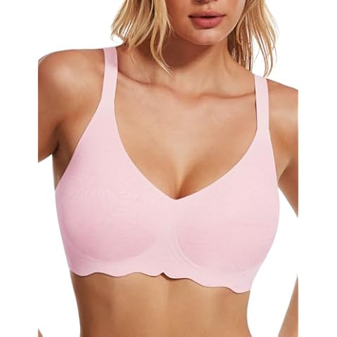Gailife Wireless V Neck Bras for Women No Underwire Jacquard Push Up Bralettes for Women with Support Seamless Everyday Bra -M,Pink Cover