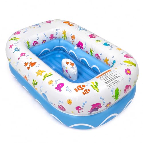 Image of Mommy's Helper Inflatable Baby Bathtub, Portable Bathtub, Ages 6-24 Months | Under the Sea travel baby bathtub with saddle horn support, phthalate-free material, compact fold-flat storage and drain plug