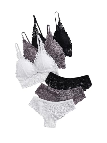 Image of Verdusa Women's Lingerie Sets 6 Piece Lace Bow Floral Underwear Bras Wireless Padded Bra and Panty Set