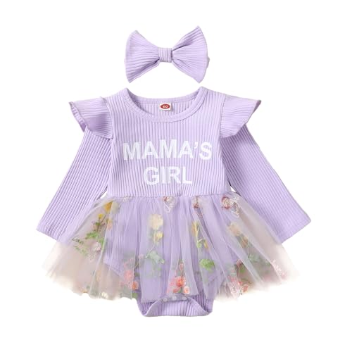 Baby Girl Fall Clothes Cute Long Sleeve Mesh Tutu Romper Dress Infant Newborn Dress (MAMA'S GIRL-Purple, 0-3 Months)