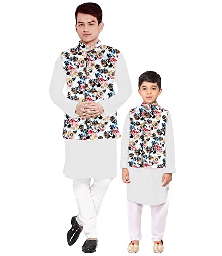 Image of Os Men's & boy kurta pyjama set with nerhu jackets (Multi printed) in cotton (baap beta|father son|)