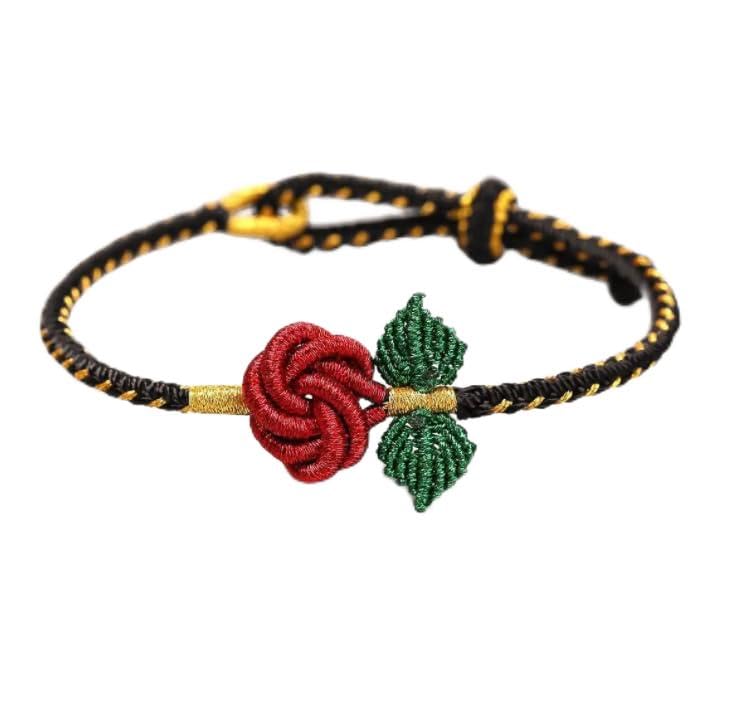 Bracelet rose femme maman cordon tressé rouge réglable taille S fleur