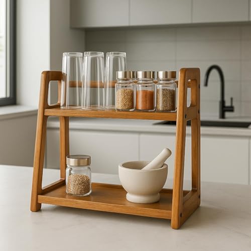 Image of Wooden Multipurpose 2 Tier Shelf Kitchen Rack, Solid Wood Grocery Coutertop Spice Rack, Sugar Containers, Jars, Bottles, Utensils Organiser Holder for Kitchen Countertop (Brown)