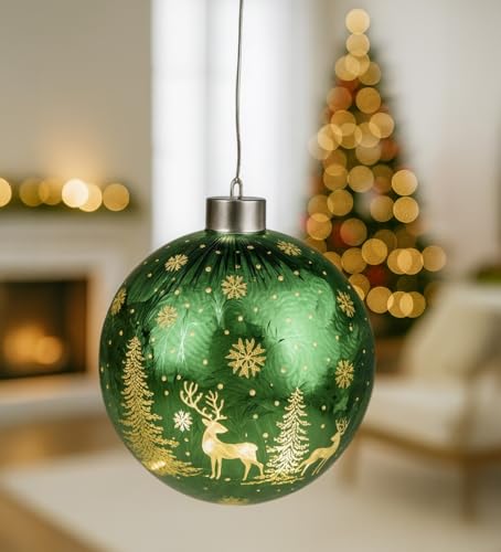 formano LED Weihnachtskugel Frosty Grün zum Hängen 12 cm Hängelicht aus Farbglas in geeister Optik mit winterlichem Dekor Timer & LED Licht - batteriebetriebene Dekoration Herbst Weihnachten – Bild 2