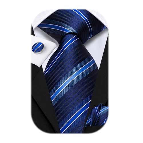 Image of Hi-Tie 70 inches Ties for Men Silk Extra Long Necktie and Pocket Square Cufflinks Set Men Big and Tall Tie Business