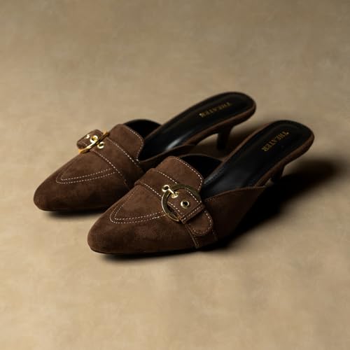 Image of Theater Women Pointed-Toe Mule Heels | Slip-On Kitten Heels with Gold Buckle | Elegant & Comfortable Sandals for Work, Office & Smart Casual Wear